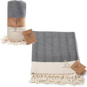 SMYRNA TURKISH COTTON Herringbone Series Large Throw Blanket 60 x 80 inches Large, Outdoor Blankets, for Couch, Sofa, Bed, Chair, Beach Picnic, Travel Boho Turkish Blanket Throw, Dark Gray