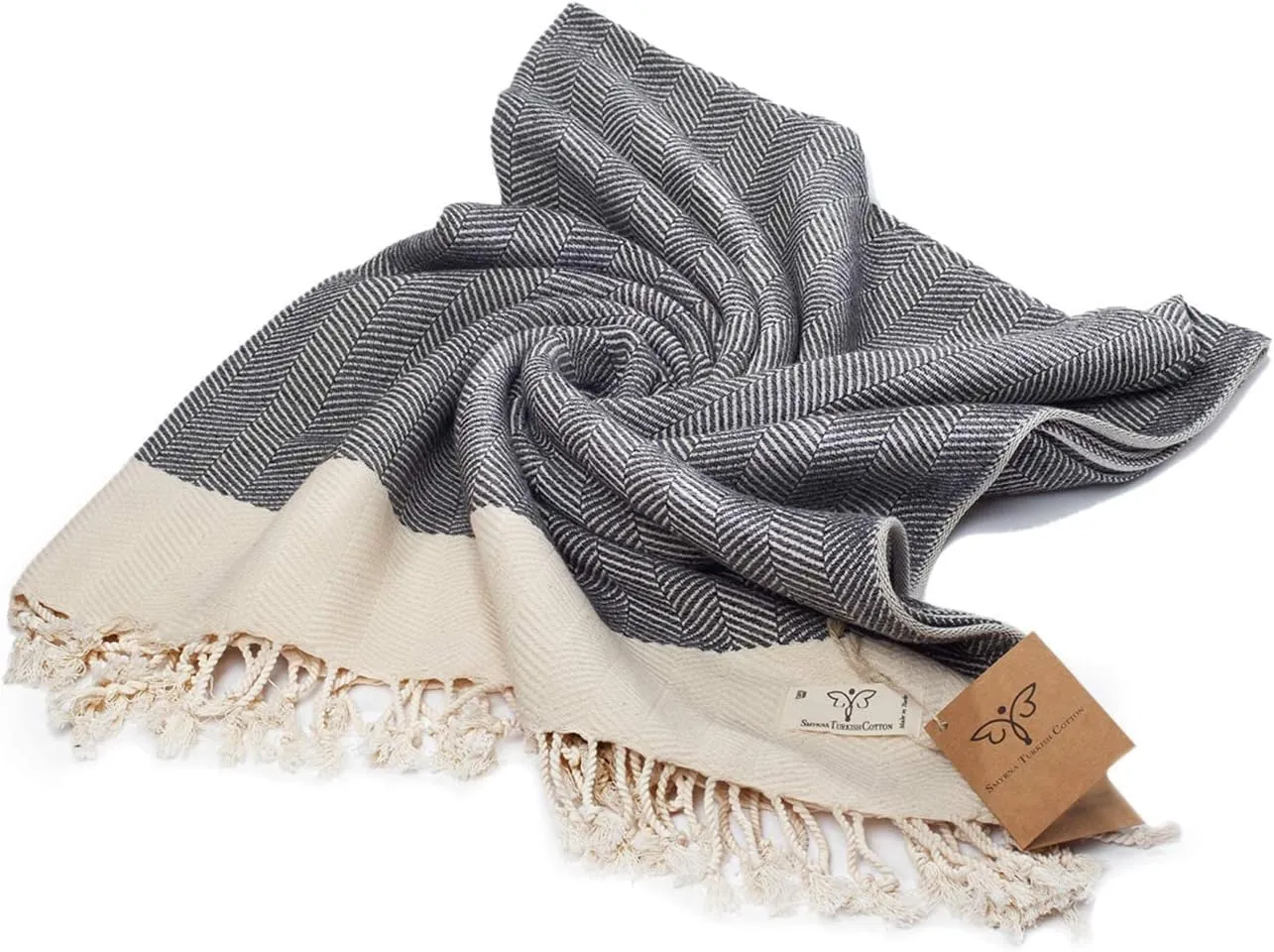 SMYRNA TURKISH COTTON Herringbone Series Large Throw Blanket 60 x 80 inches Large, Outdoor Blankets, for Couch, Sofa, Bed, Chair, Beach Picnic, Travel Boho Turkish Blanket Throw, Dark Gray
