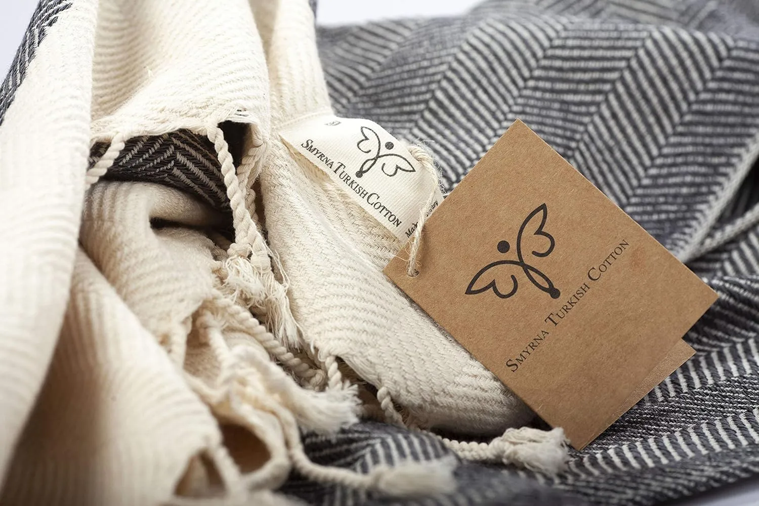 SMYRNA TURKISH COTTON Herringbone Series Large Throw Blanket 60 x 80 inches Large, Outdoor Blankets, for Couch, Sofa, Bed, Chair, Beach Picnic, Travel Boho Turkish Blanket Throw, Dark Gray
