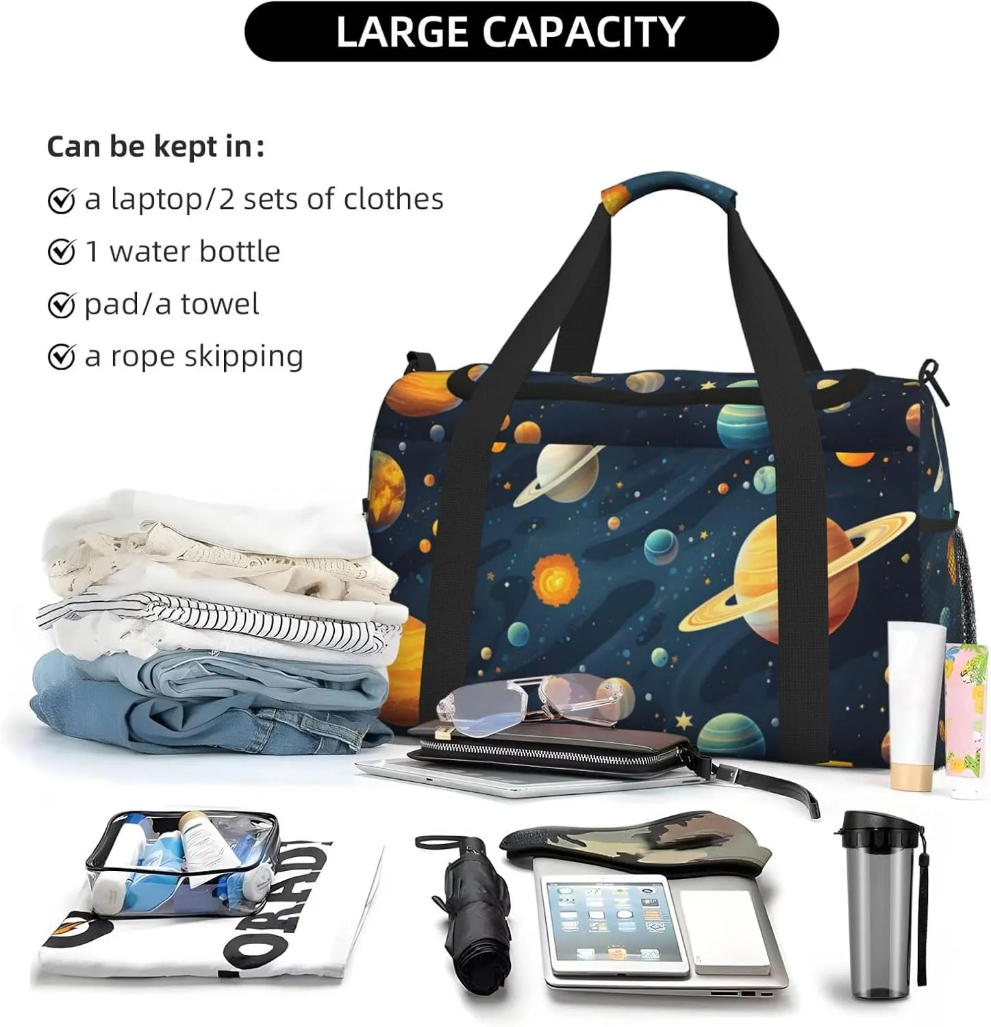 Solar Planet Universe Travel Duffel Bag with Strap Multi Pockets Sports Bag Handbag Large Shoulder Bag for Gym Weekend Fitness Camping