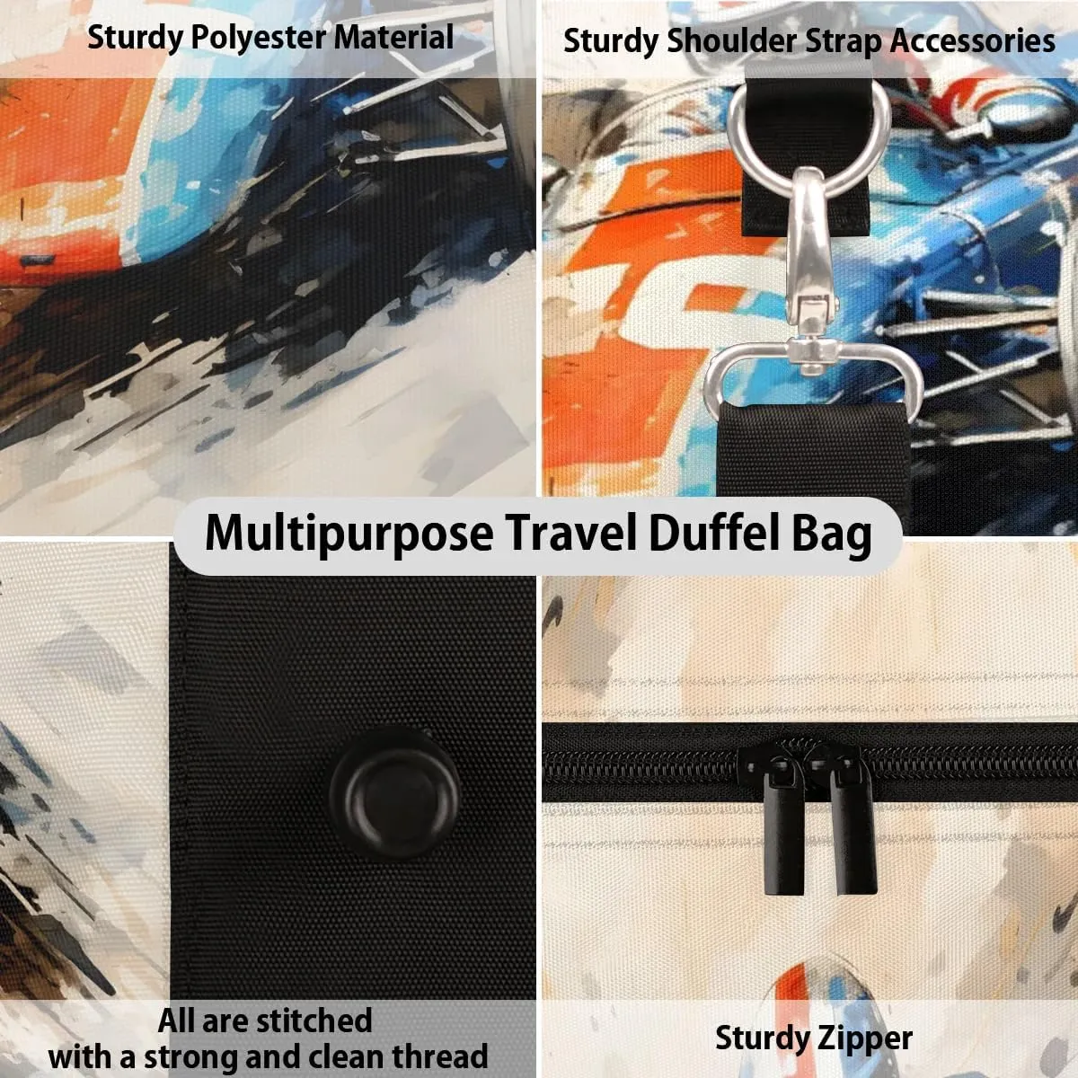 Speed Racing Car Travel Duffel Bag for Women Men Waterproof Foldable Overnight Weekender Bag Large Capacity Sports Gym Bag