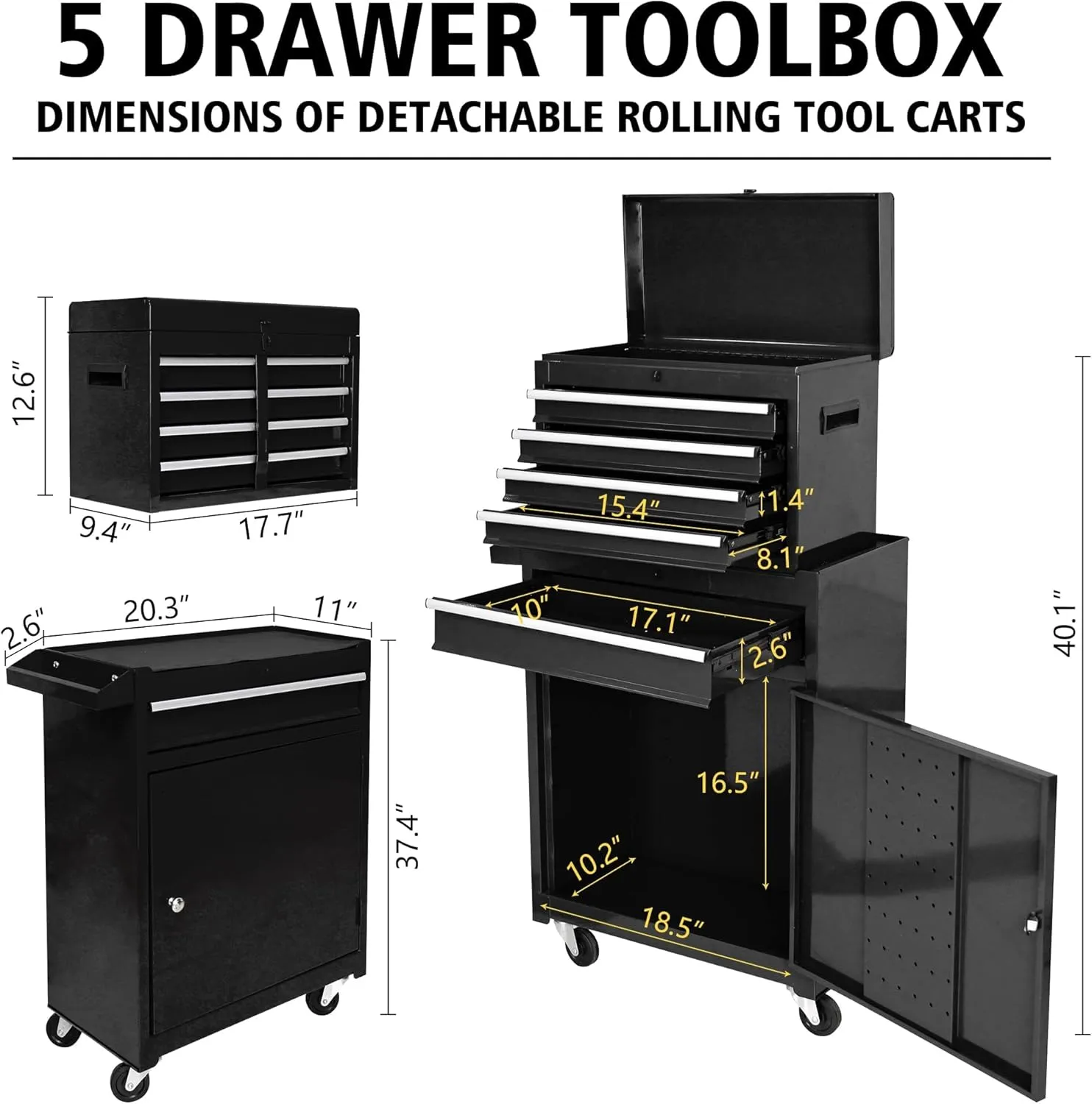 Stack-On Black Rolling Tool Box With Wheels and Drawers, Large Tool Chest for Garage