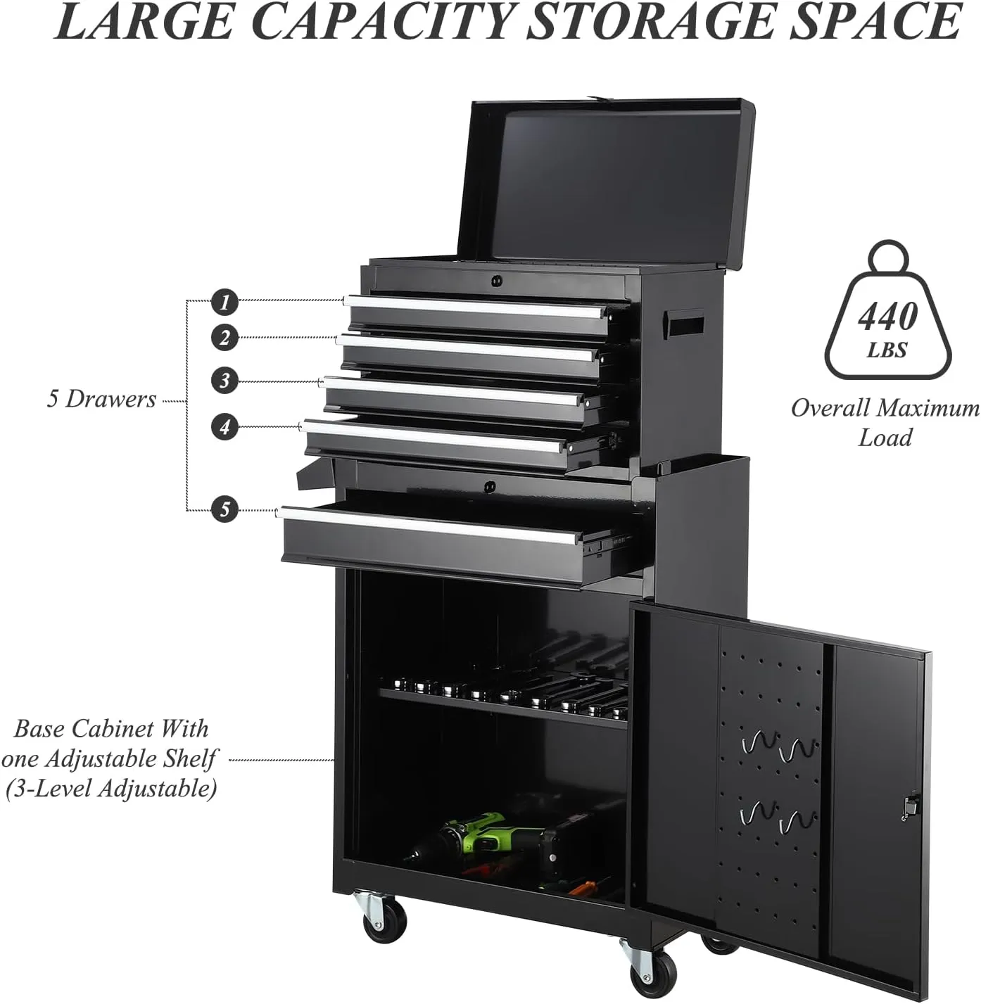 Stack-On Black Rolling Tool Box With Wheels and Drawers, Large Tool Chest for Garage