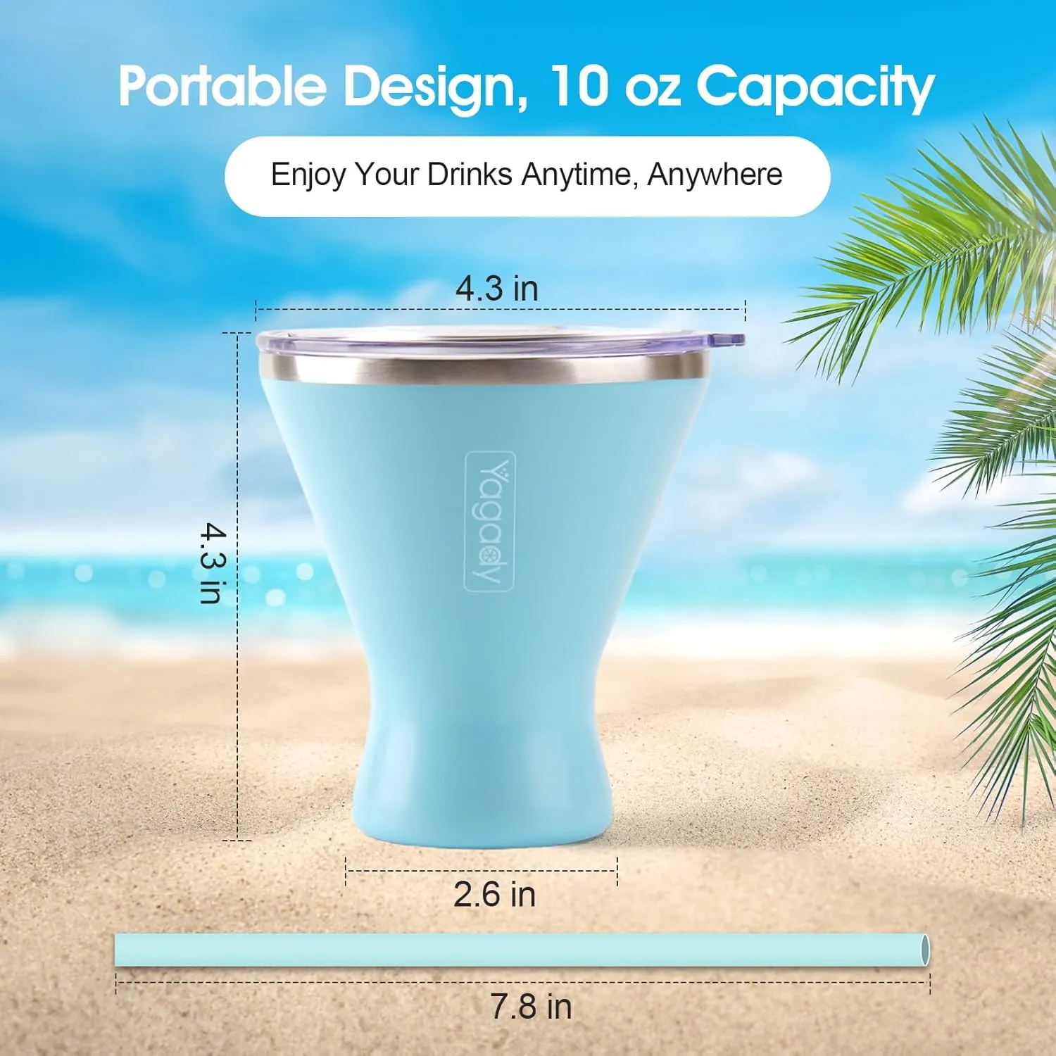 Stainless Steel Martini Tumbler with Lid & Cuttable Silicone Straw - 10oz Vacuum Sealed Insulated Martini Glass - Elegant Design Margarita Glass for Perfectly Chilled Drinks (Blue)