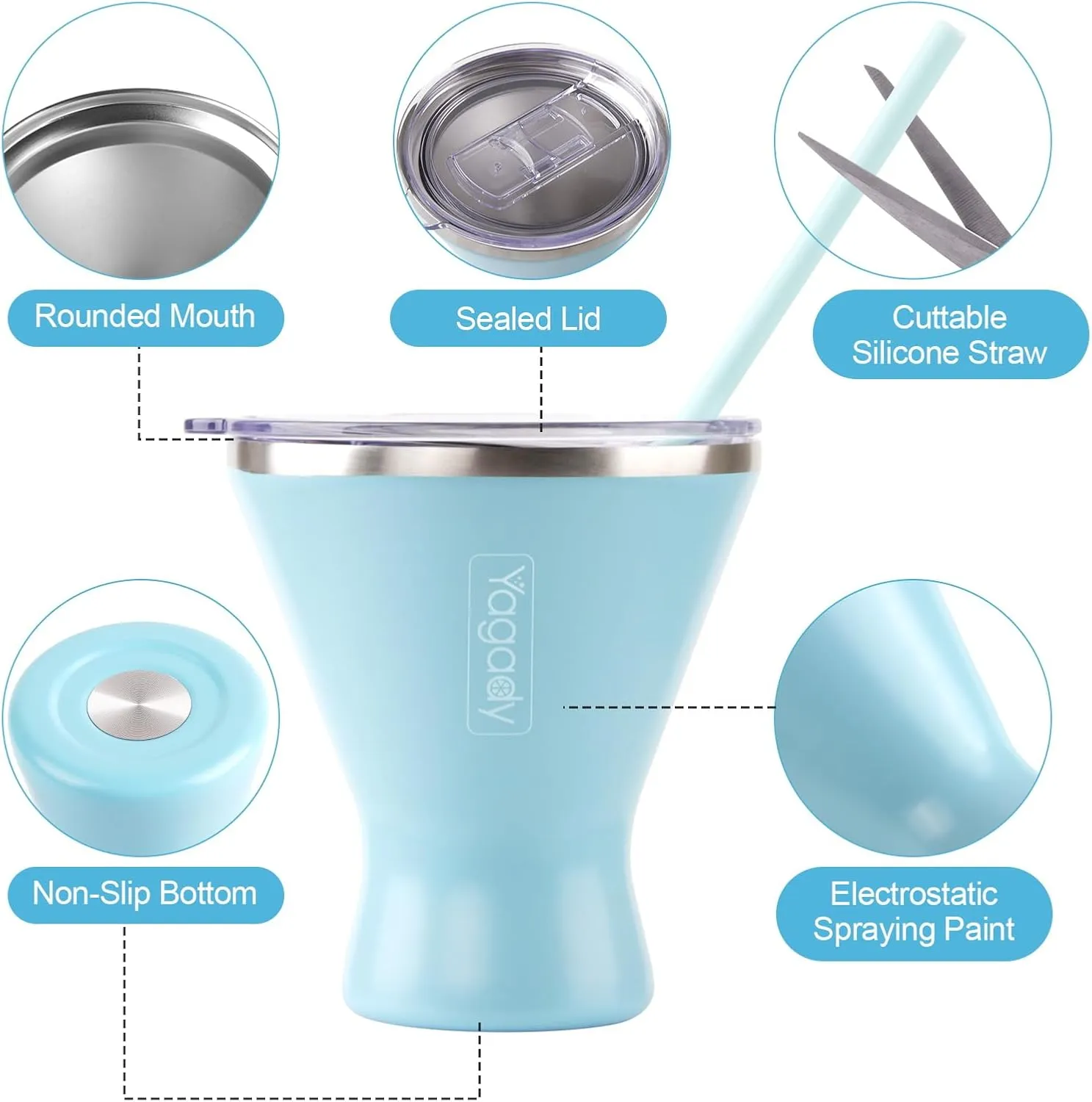 Stainless Steel Martini Tumbler with Lid & Cuttable Silicone Straw - 10oz Vacuum Sealed Insulated Martini Glass - Elegant Design Margarita Glass for Perfectly Chilled Drinks (Blue)