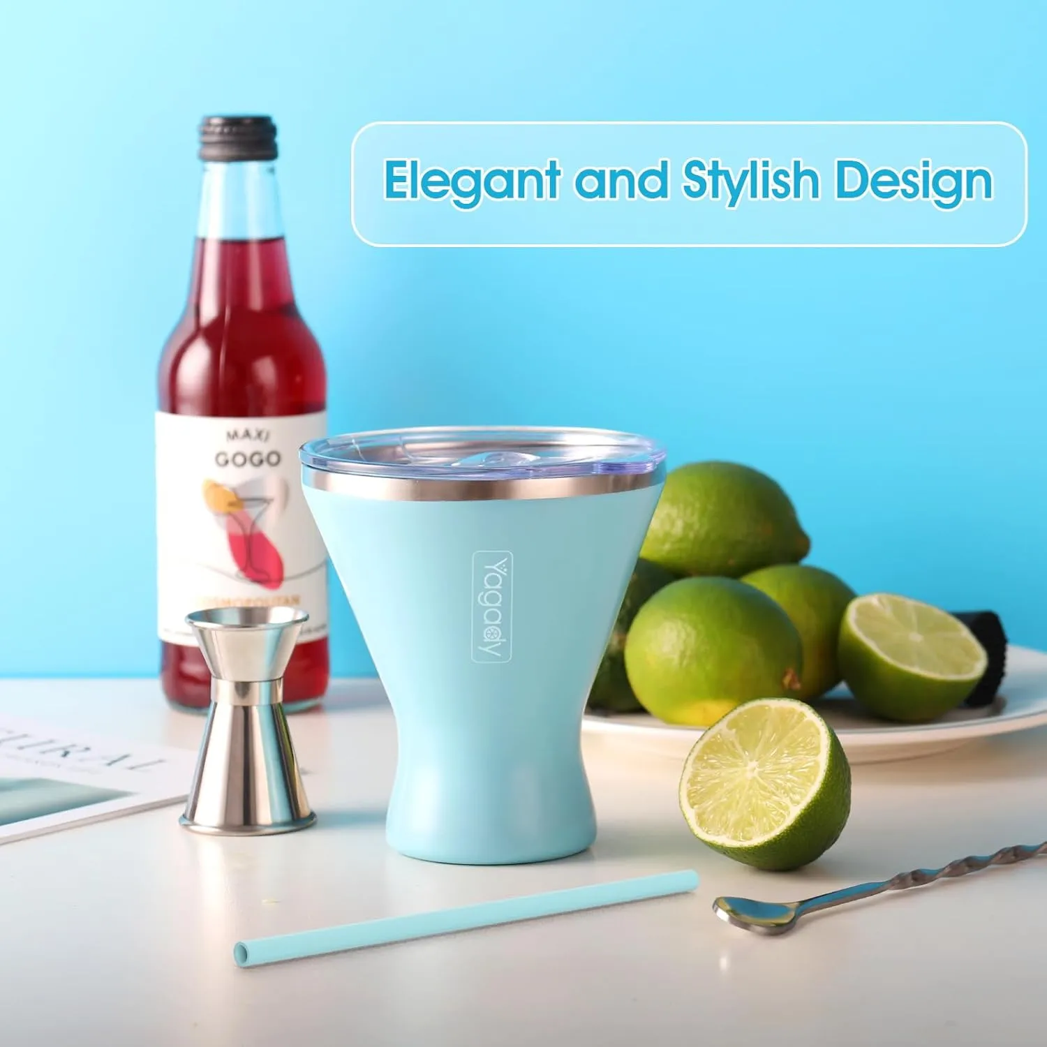 Stainless Steel Martini Tumbler with Lid & Cuttable Silicone Straw - 10oz Vacuum Sealed Insulated Martini Glass - Elegant Design Margarita Glass for Perfectly Chilled Drinks (Blue)