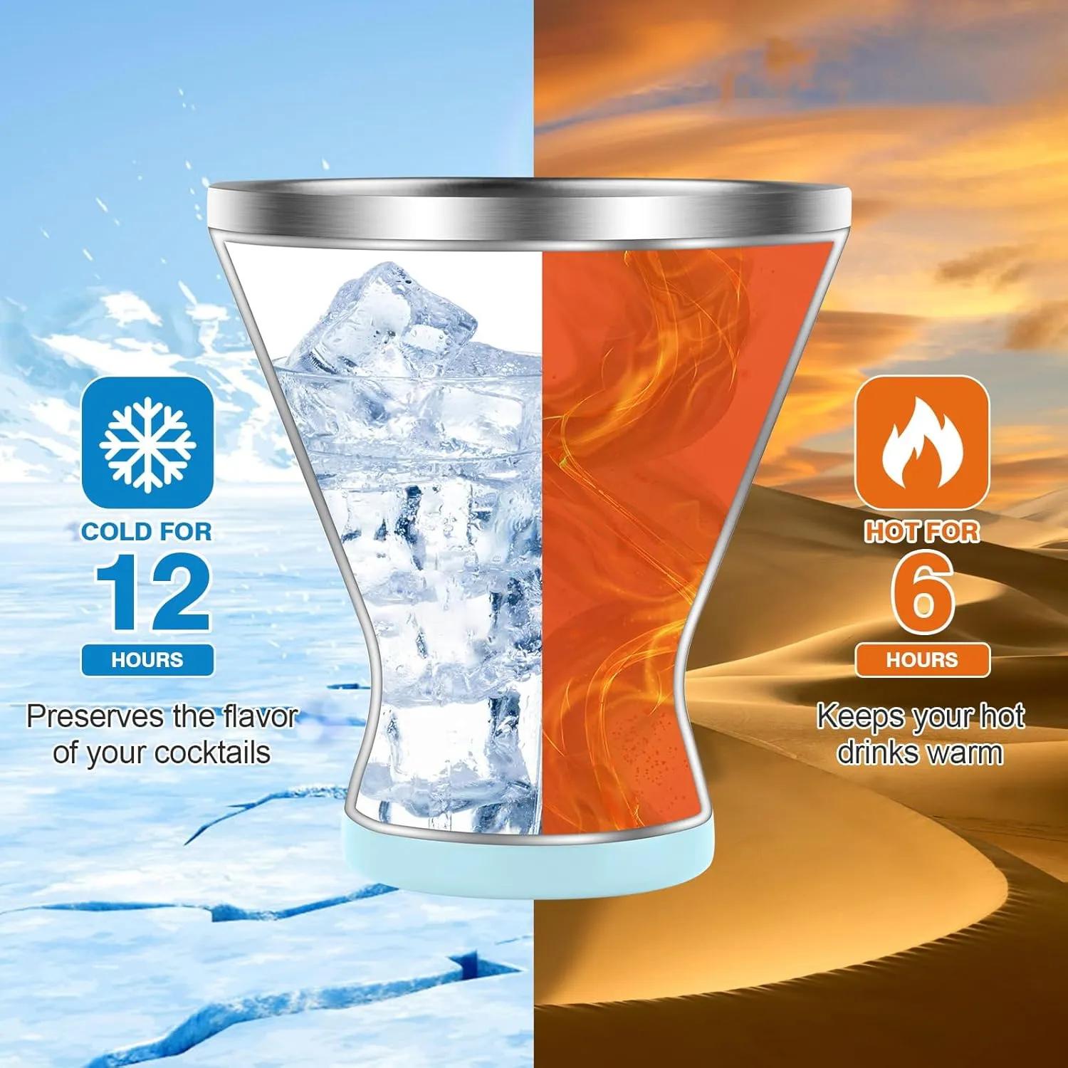Stainless Steel Martini Tumbler with Lid & Cuttable Silicone Straw - 10oz Vacuum Sealed Insulated Martini Glass - Elegant Design Margarita Glass for Perfectly Chilled Drinks (Blue)