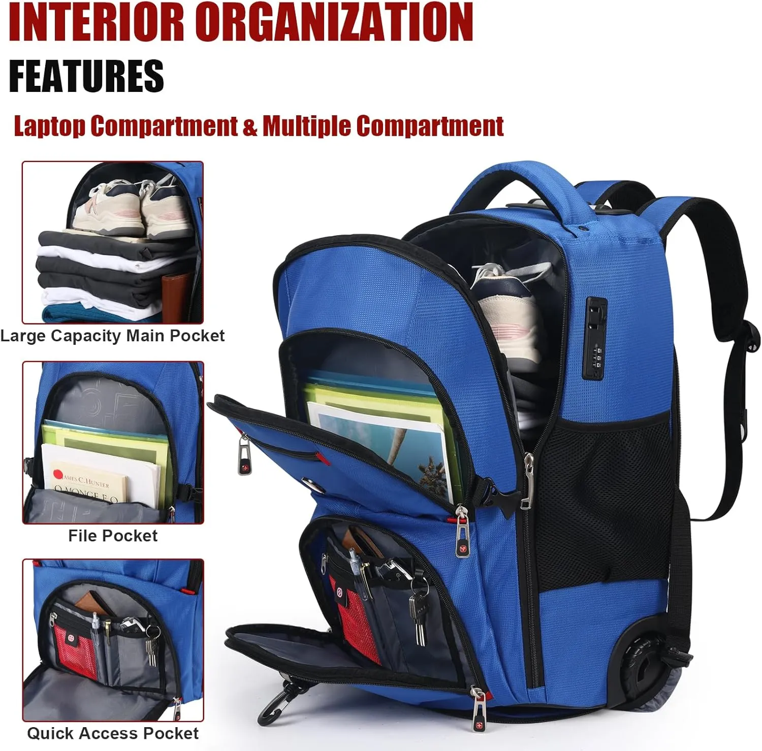 star cloud 21x14x9 Rolling Backpack with Wheels - Water-Resistant, 17.3" Laptop Compartment, Ideal Carry-On for Overnight Travel, College, Work - Wheeled Business Backpack for Adults (Blue)