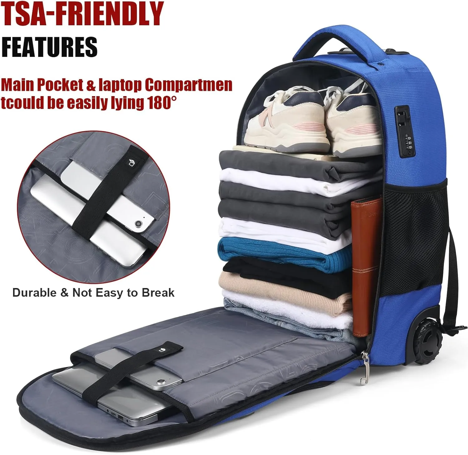 star cloud 21x14x9 Rolling Backpack with Wheels - Water-Resistant, 17.3" Laptop Compartment, Ideal Carry-On for Overnight Travel, College, Work - Wheeled Business Backpack for Adults (Blue)