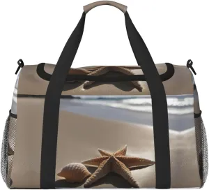 Starfish Seashell Sandy Beach Print Travel Duffle Bag Large Capacity Tote Stylish Weekender Bag for Outdoor Activities