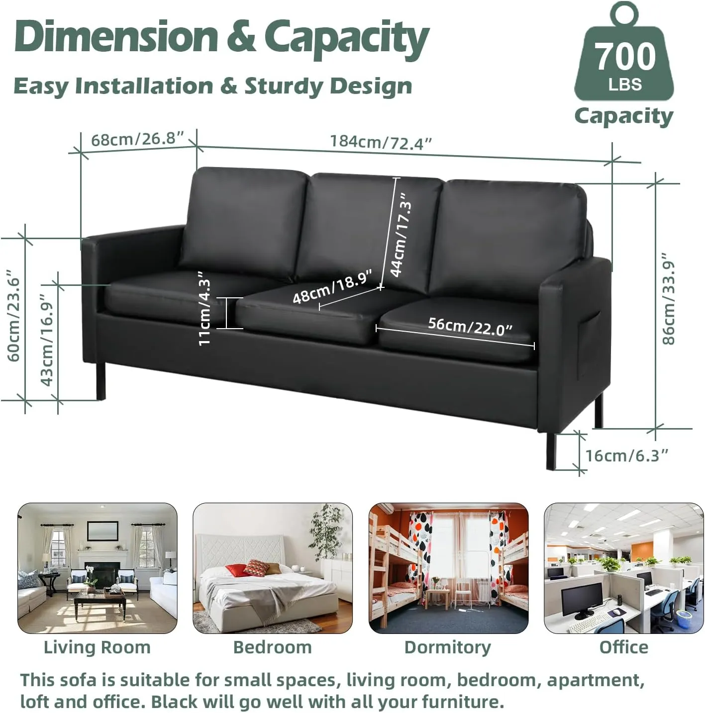 STHOUYN 72" W Faux Leather Black Sofa 3 Seat Couch, Modern Comfy Couch with 2 USB, Small Couches for Living Room Apartment Bedroom Small Spaces, Office(Black (Sofa))