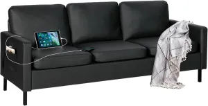 STHOUYN 72" W Faux Leather Black Sofa 3 Seat Couch, Modern Comfy Couch with 2 USB, Small Couches for Living Room Apartment Bedroom Small Spaces, Office(Black (Sofa))