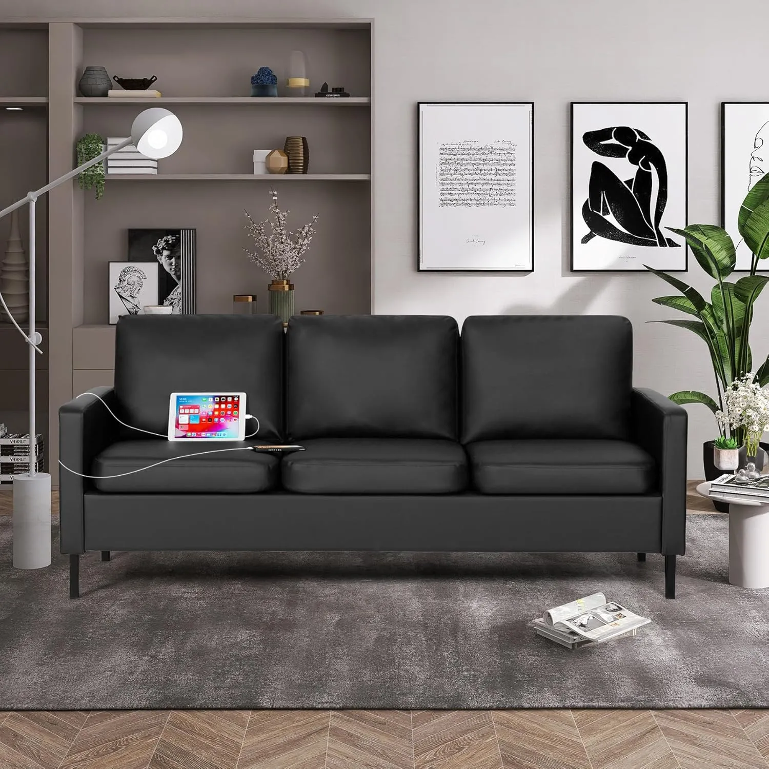 STHOUYN 72" W Faux Leather Black Sofa 3 Seat Couch, Modern Comfy Couch with 2 USB, Small Couches for Living Room Apartment Bedroom Small Spaces, Office(Black (Sofa))