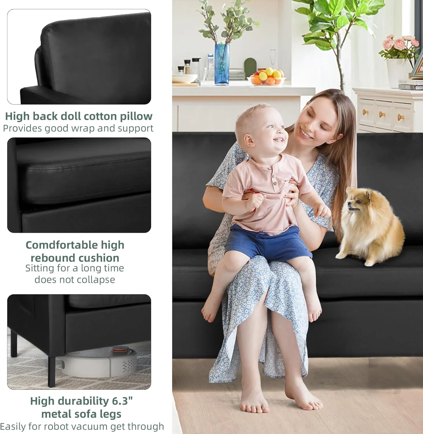 STHOUYN 72" W Faux Leather Black Sofa 3 Seat Couch, Modern Comfy Couch with 2 USB, Small Couches for Living Room Apartment Bedroom Small Spaces, Office(Black (Sofa))