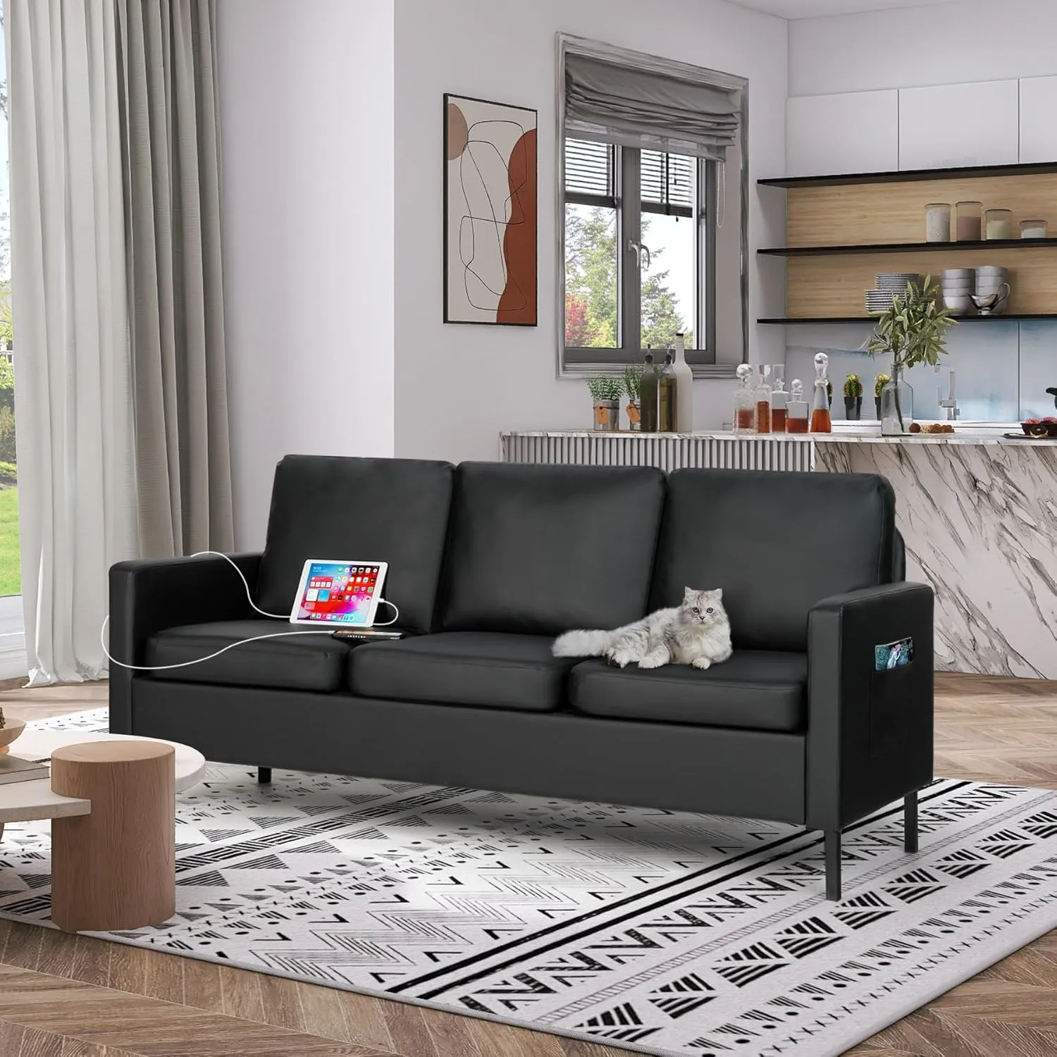 STHOUYN 72" W Faux Leather Black Sofa 3 Seat Couch, Modern Comfy Couch with 2 USB, Small Couches for Living Room Apartment Bedroom Small Spaces, Office(Black (Sofa))