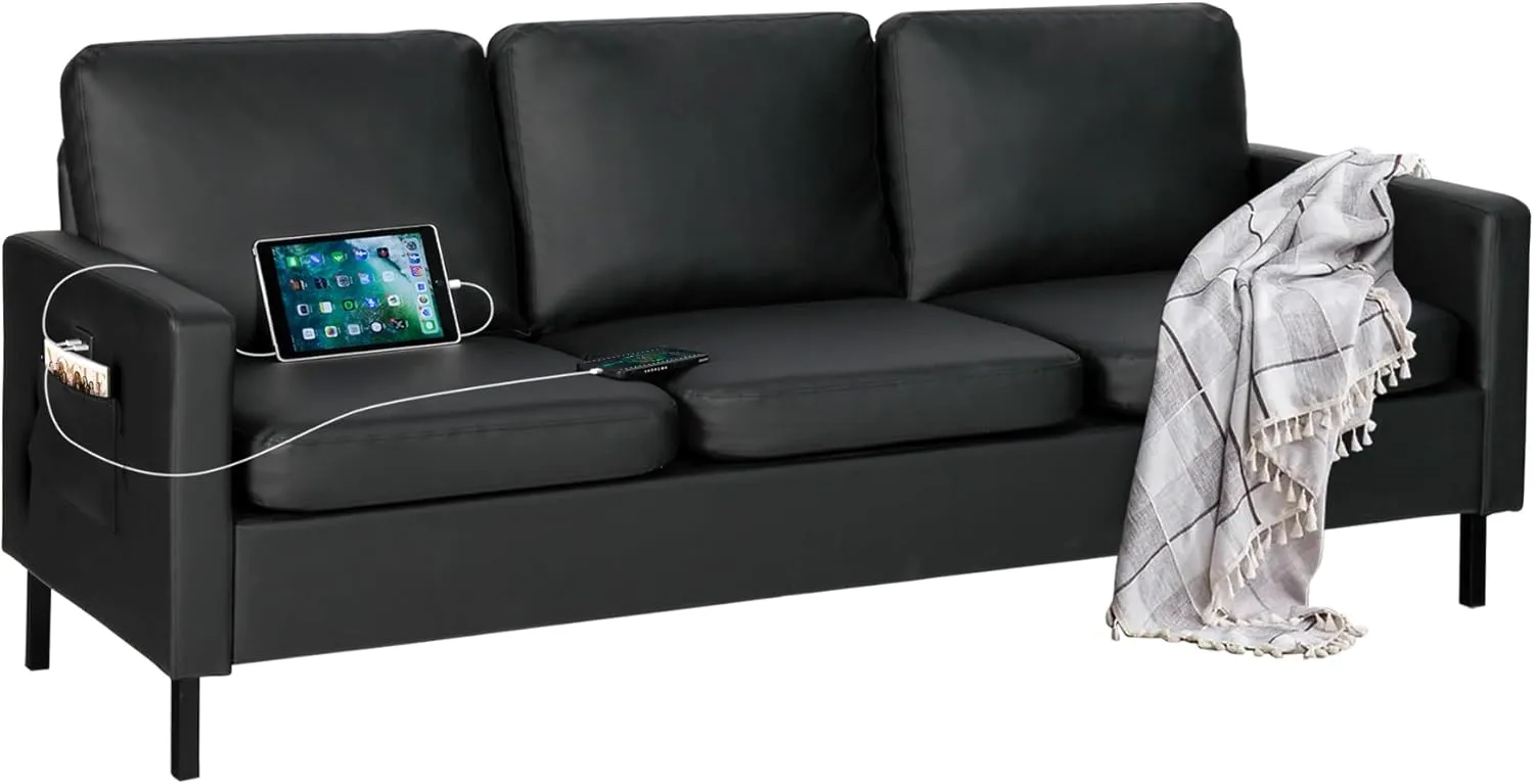 STHOUYN 72" W Faux Leather Black Sofa 3 Seat Couch, Modern Comfy Couch with 2 USB, Small Couches for Living Room Apartment Bedroom Small Spaces, Office(Black (Sofa))