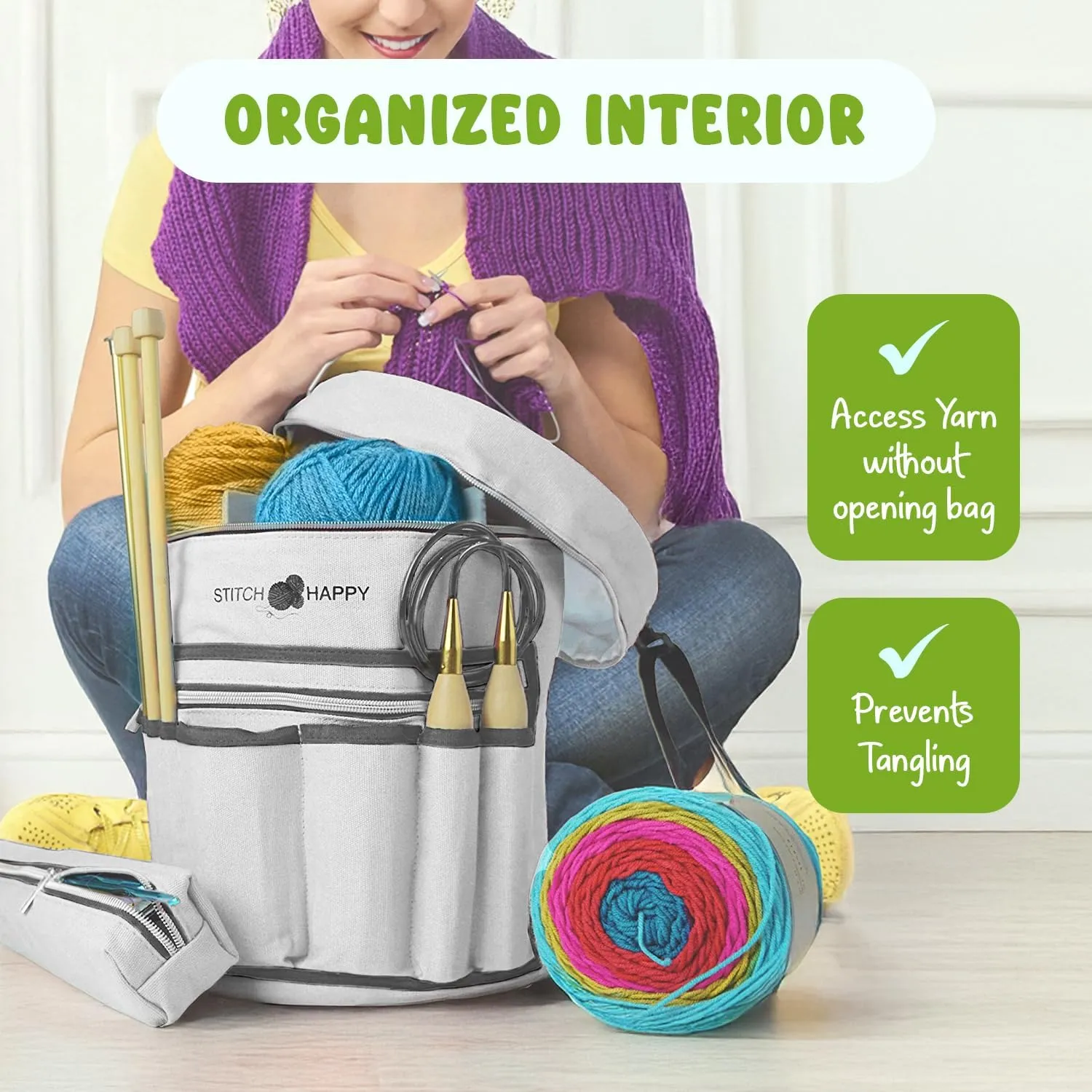 Stitch Happy Designer Knitting Bag Yarn Storage with 7 Multi-Use Pockets and Extra Large Zippered Pocket for Crochet Supplies (Gray)