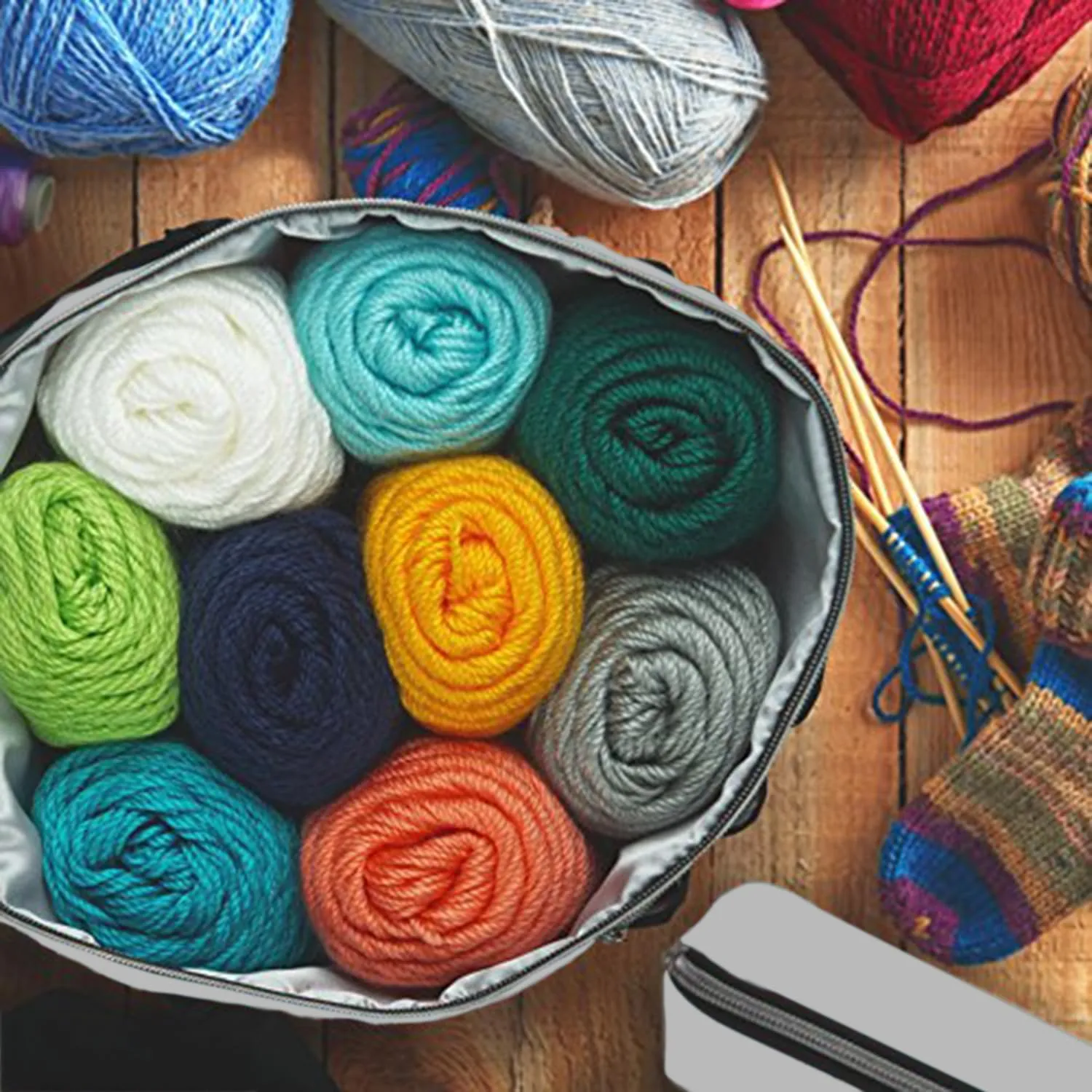 Stitch Happy Designer Knitting Bag Yarn Storage with 7 Multi-Use Pockets and Extra Large Zippered Pocket for Crochet Supplies (Gray)