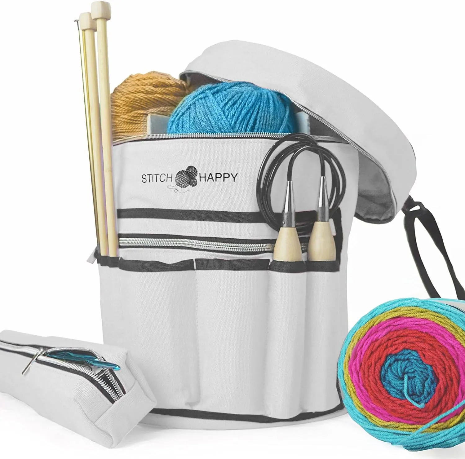 Stitch Happy Designer Knitting Bag Yarn Storage with 7 Multi-Use Pockets and Extra Large Zippered Pocket for Crochet Supplies (Gray)