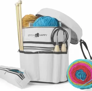 Stitch Happy Designer Knitting Bag Yarn Storage with 7 Multi-Use Pockets and Extra Large Zippered Pocket for Crochet Supplies (Gray)