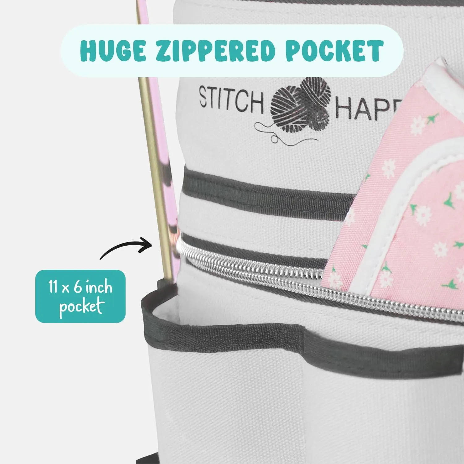 Stitch Happy Designer Knitting Bag Yarn Storage with 7 Multi-Use Pockets and Extra Large Zippered Pocket for Crochet Supplies (Gray)