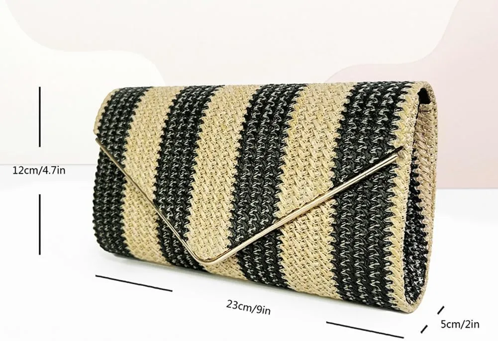 Straw Clutch Purse for Women Color-block Striped Woven Evening Bag Summer Beach Envelope Purse Crossbody Shoulder Bag