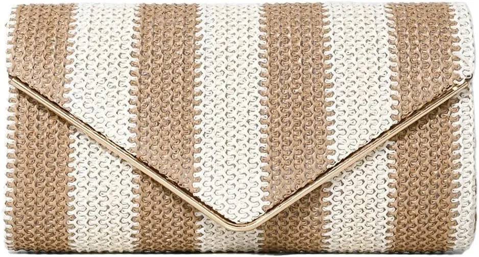 Straw Clutch Purse for Women Color-block Striped Woven Evening Bag Summer Beach Envelope Purse Crossbody Shoulder Bag