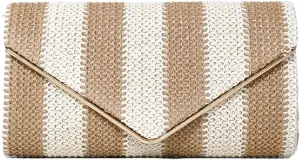 Straw Clutch Purse for Women Color-block Striped Woven Evening Bag Summer Beach Envelope Purse Crossbody Shoulder Bag
