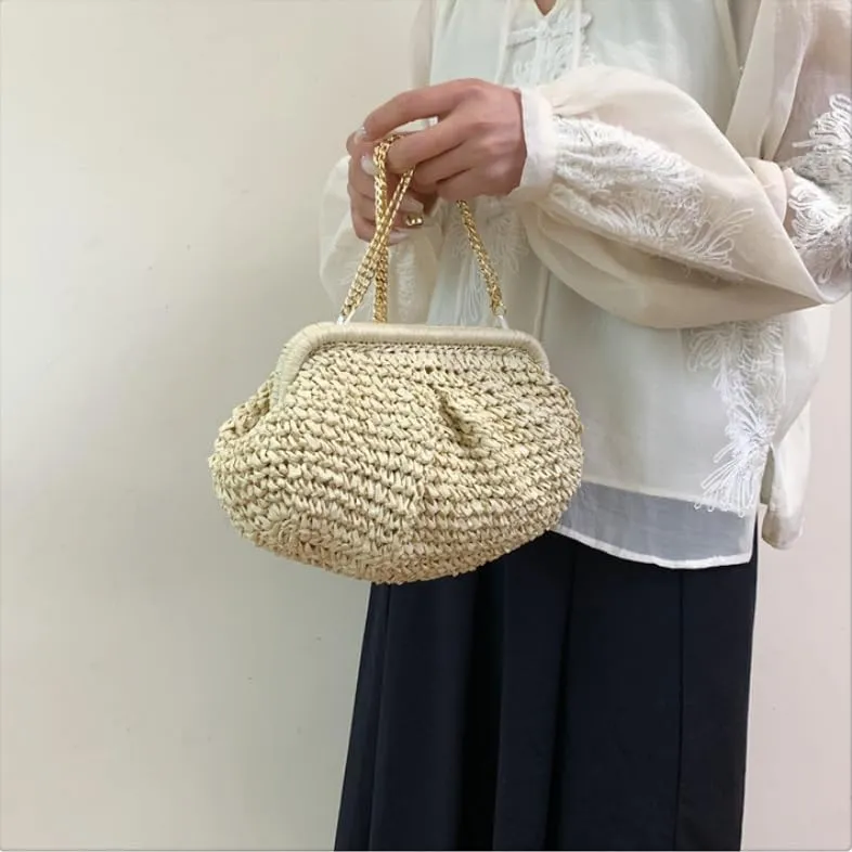 Straw Clutch Purse for Women Summer Beach Bag Could Dumpling Pouch Crossbody Shoulder Bag Woven Handbag Vacation Bag