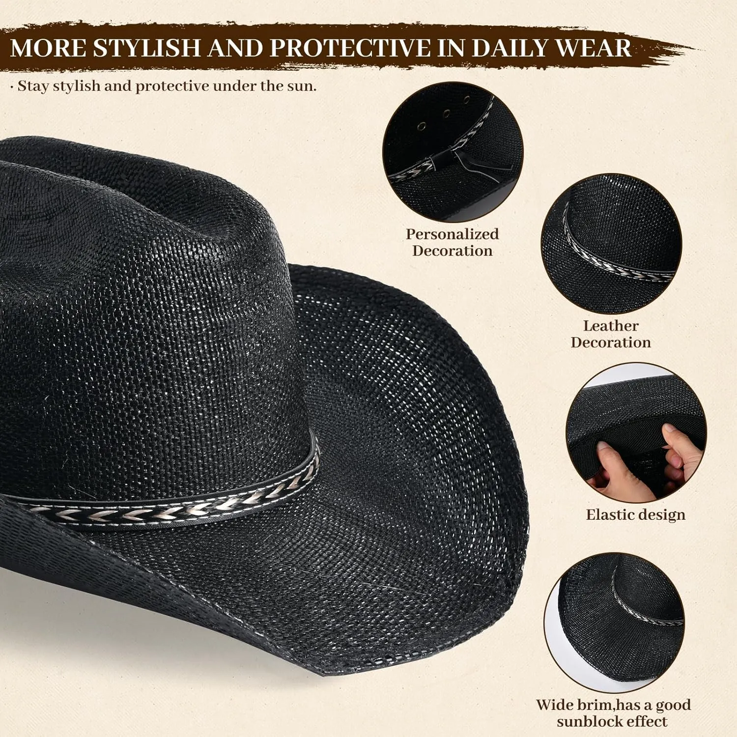Straw Cowboy Hats for Men Cowgirl Hats Women with Wide Brim Summer Straw Western Cowgirl Hat Beach
