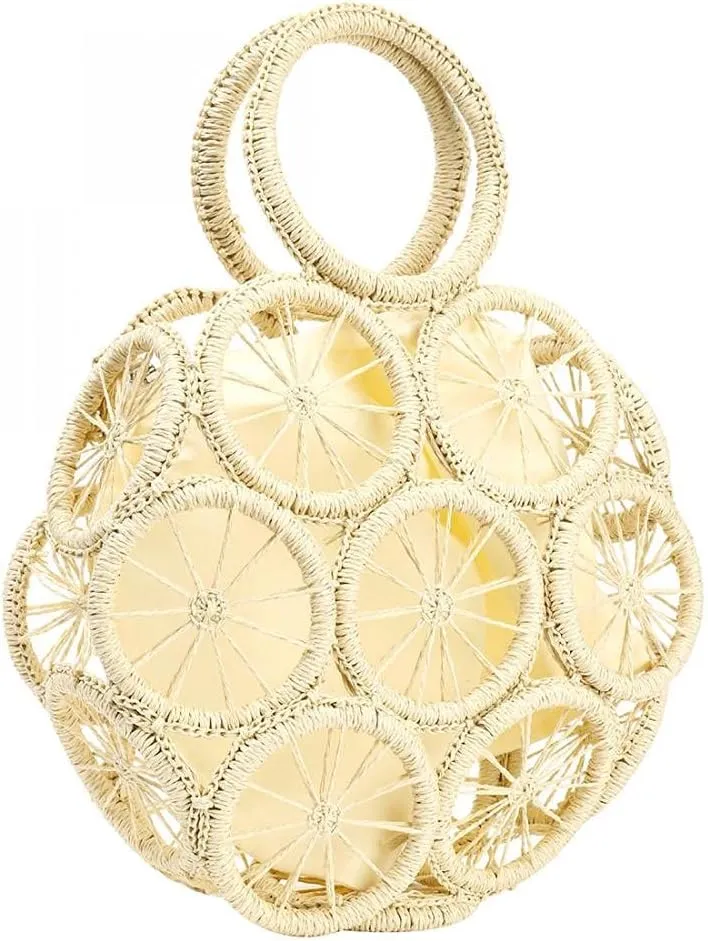 Straw Crossbody Bag for Summer Women Beach Shoulder Top Round Lemon Pattern Tote Handbag