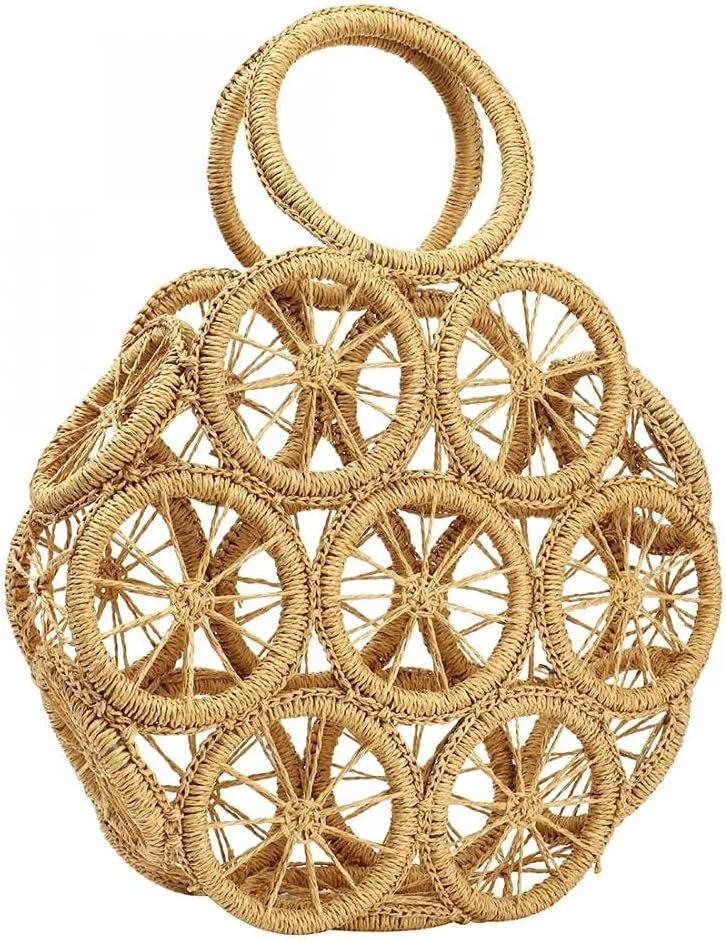 Straw Crossbody Bag for Summer Women Beach Shoulder Top Round Lemon Pattern Tote Handbag