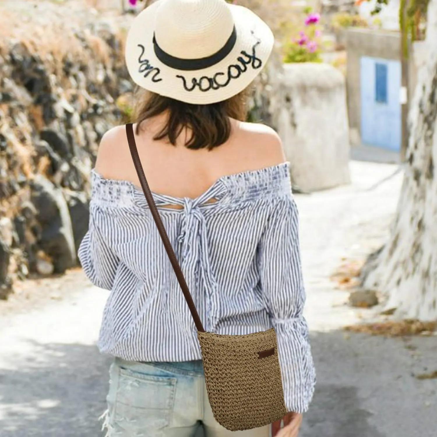 Straw Crossbody Bag for Women Handmade Woven Beach Bag Vacation Shoulder Handbag Purse for Summer