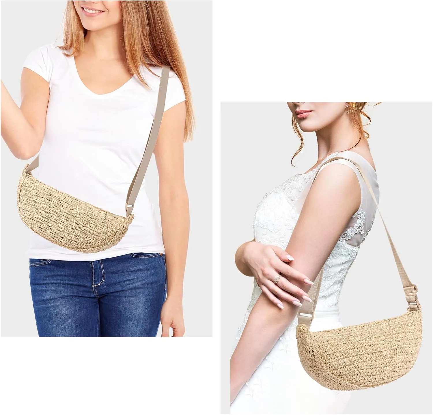 Straw Crossbody Bag Woven Purse for Women – Handmade Crochet Shoulder Bag, Summer BeachBag Vacation Straw Purse,Beige Brown