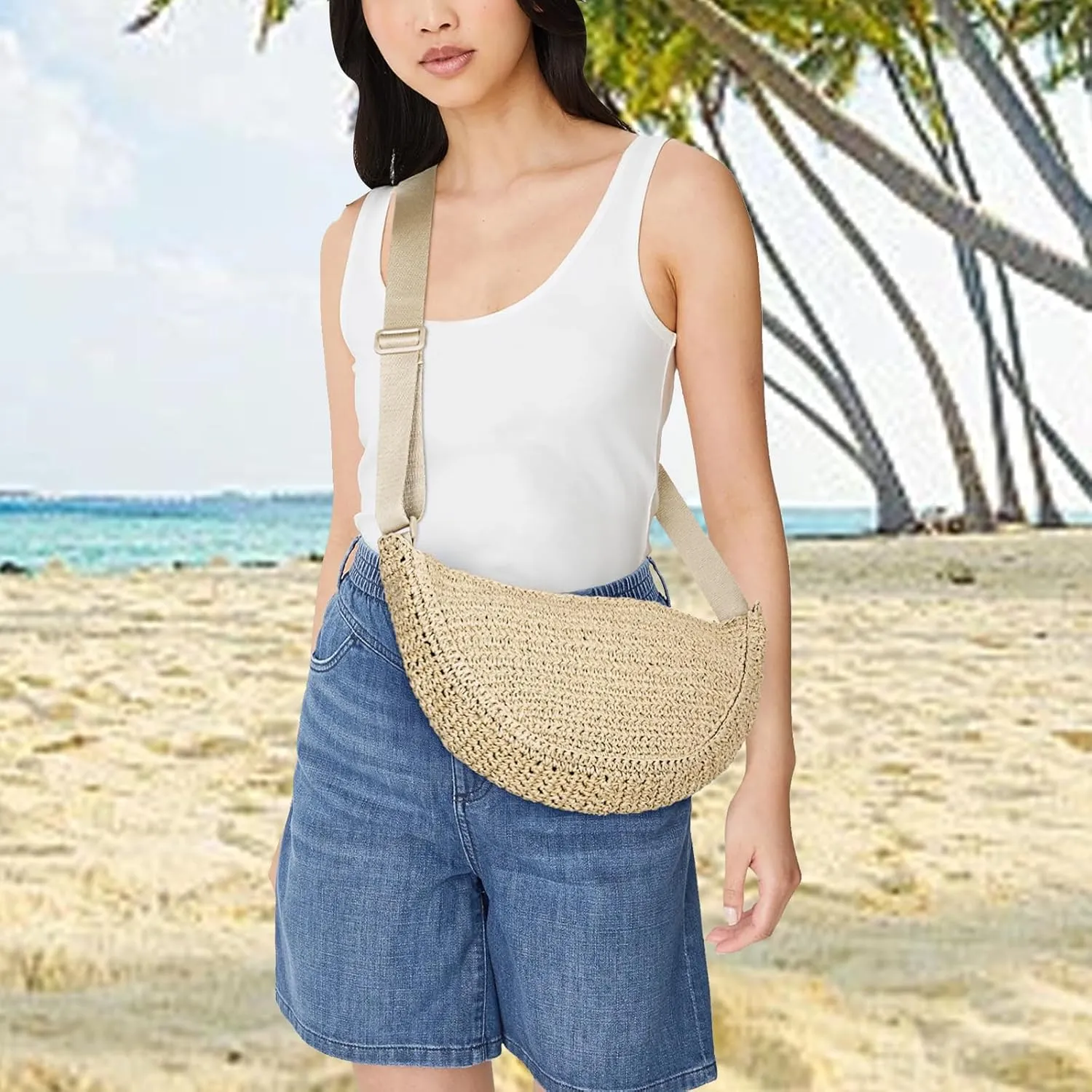Straw Crossbody Bag Woven Purses for Women 2024 Summer Beach Straw Purse Fashion Handmade Shoulder Bag Crochet Purse