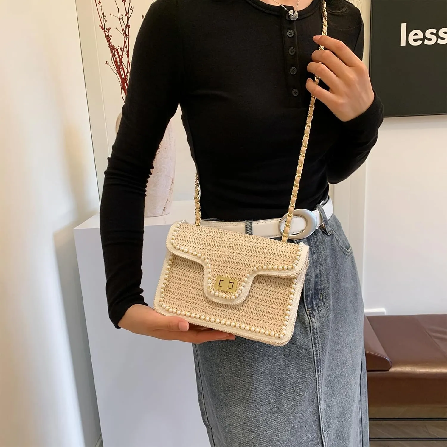 Straw Crossbody Bags for Women, Summer Fashion Straw Purses and Handbags Shoulder Raffia Clutch Bag with Pearls