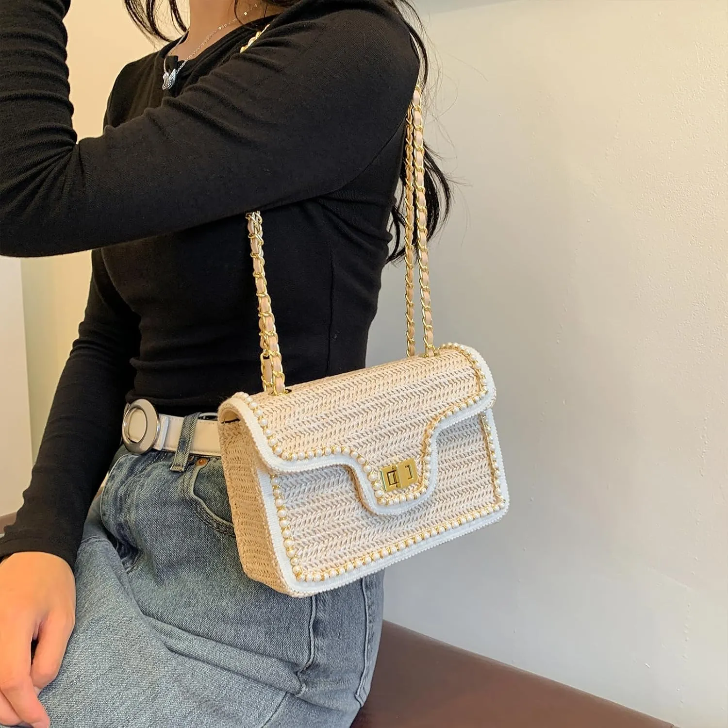 Straw Crossbody Bags for Women, Summer Fashion Straw Purses and Handbags Shoulder Raffia Clutch Bag with Pearls