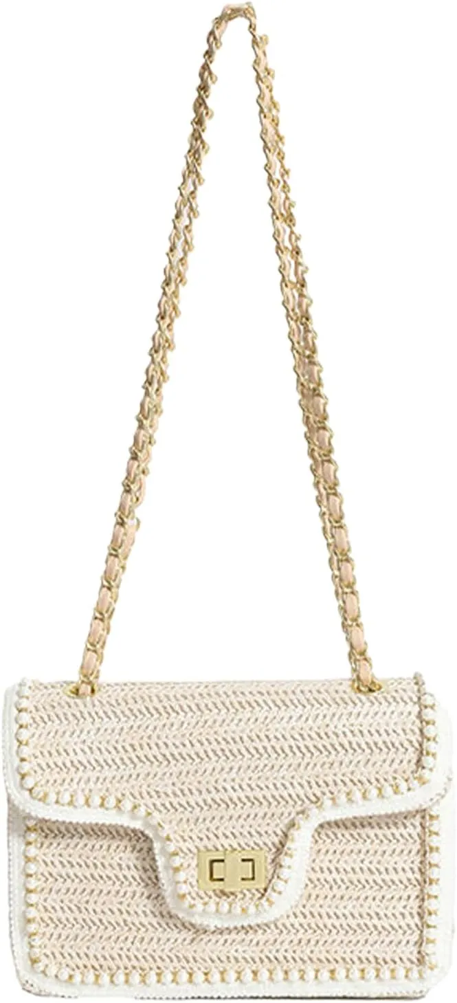 Straw Crossbody Bags for Women, Summer Fashion Straw Purses and Handbags Shoulder Raffia Clutch Bag with Pearls