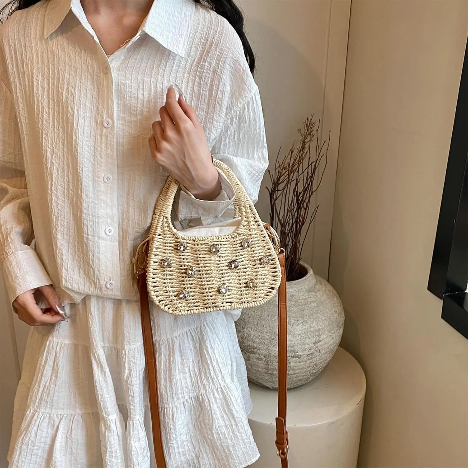 Straw Purses for Women Trendy Summer Woven Tote Bag Straw Basket Crossbody Wicker Purses and Handbags with Bamboo Handle