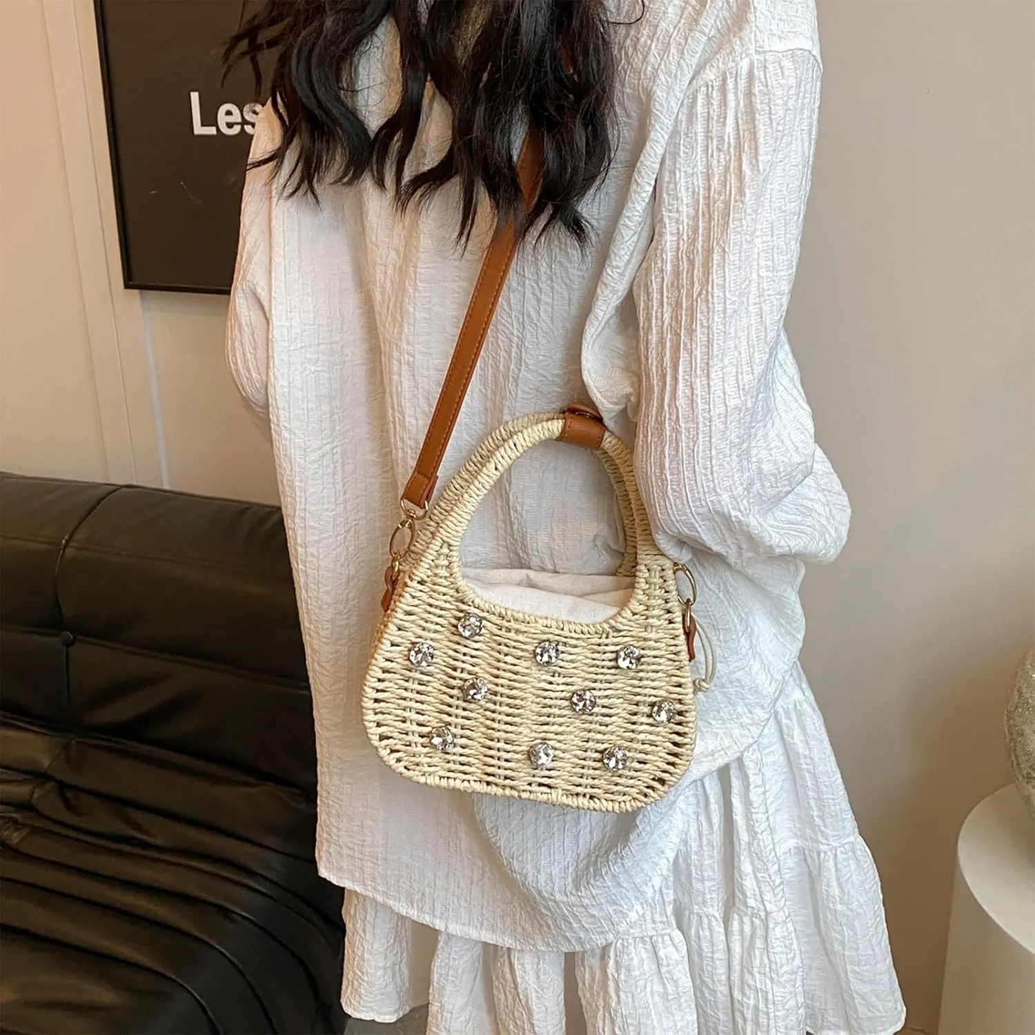 Straw Purses for Women Trendy Summer Woven Tote Bag Straw Basket Crossbody Wicker Purses and Handbags with Bamboo Handle