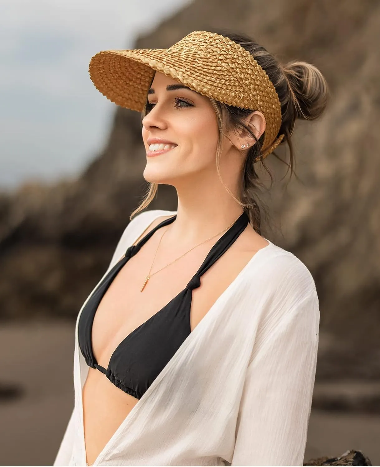 Straw Sun Visor for Women Packable Sun Beach Hats UV Protection UPF 50  Summer Ponytail Hats for Women Travel, Vacation