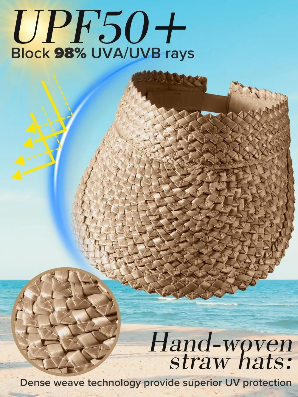 Straw Sun Visor for Women Packable Sun Beach Hats UV Protection UPF 50  Summer Ponytail Hats for Women Travel, Vacation