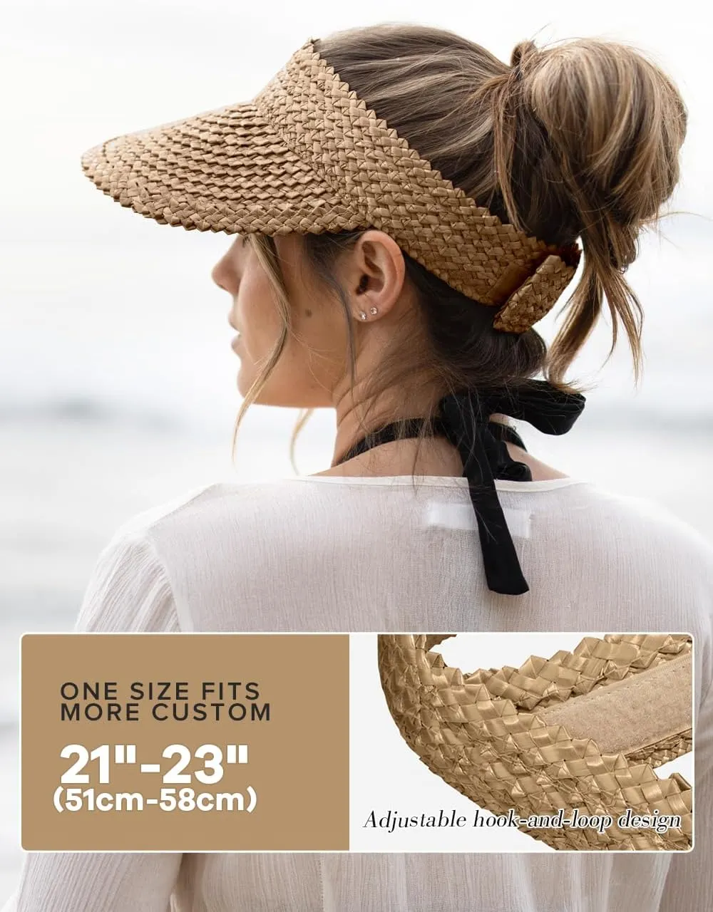 Straw Sun Visor for Women Packable Sun Beach Hats UV Protection UPF 50  Summer Ponytail Hats for Women Travel, Vacation