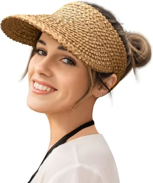Straw Sun Visor for Women Packable Sun Beach Hats UV Protection UPF 50  Summer Ponytail Hats for Women Travel, Vacation