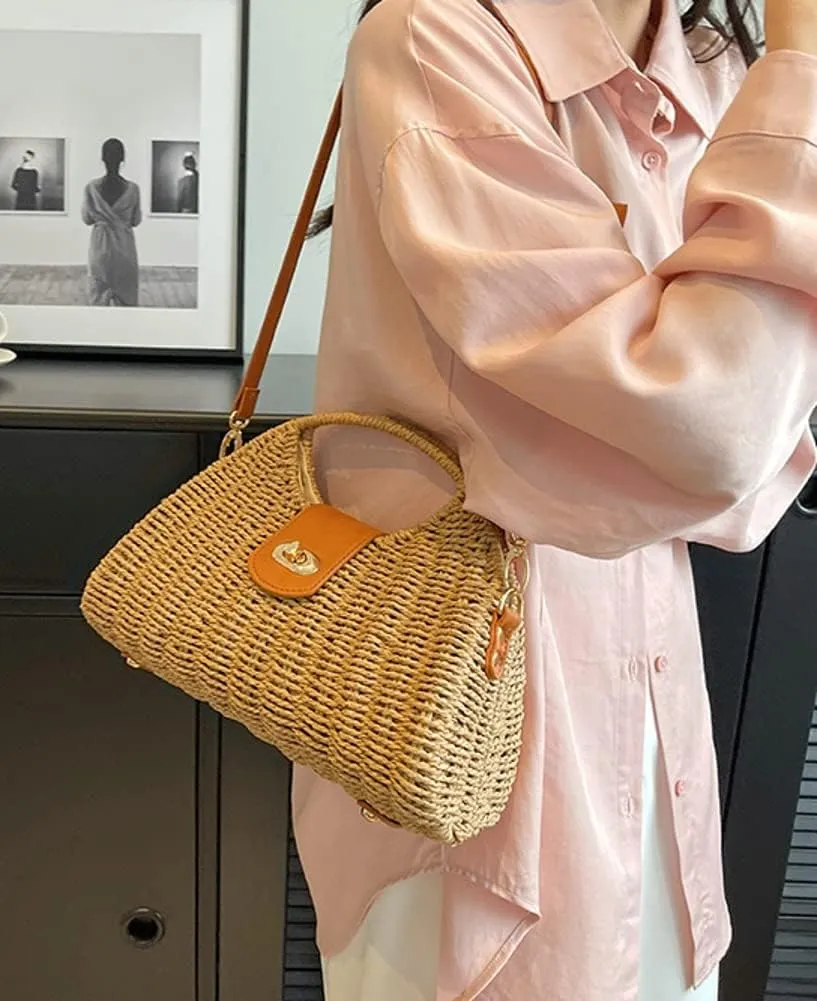 Straw Tote Bag for Women Mini Crossbody Bag Chic Tote Purses Retro Satchel Bag Handmade Shoulder Bag Beach Straw Bag Handbag