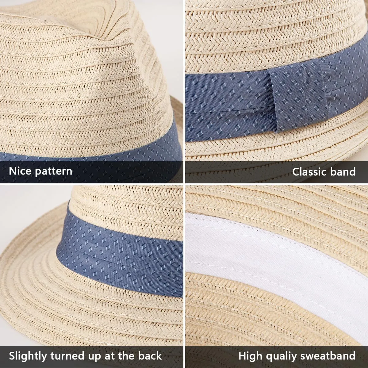 Straw Trilby Hat for Men - Summer Sun Fedoras Travel Beach Panama Short Brim