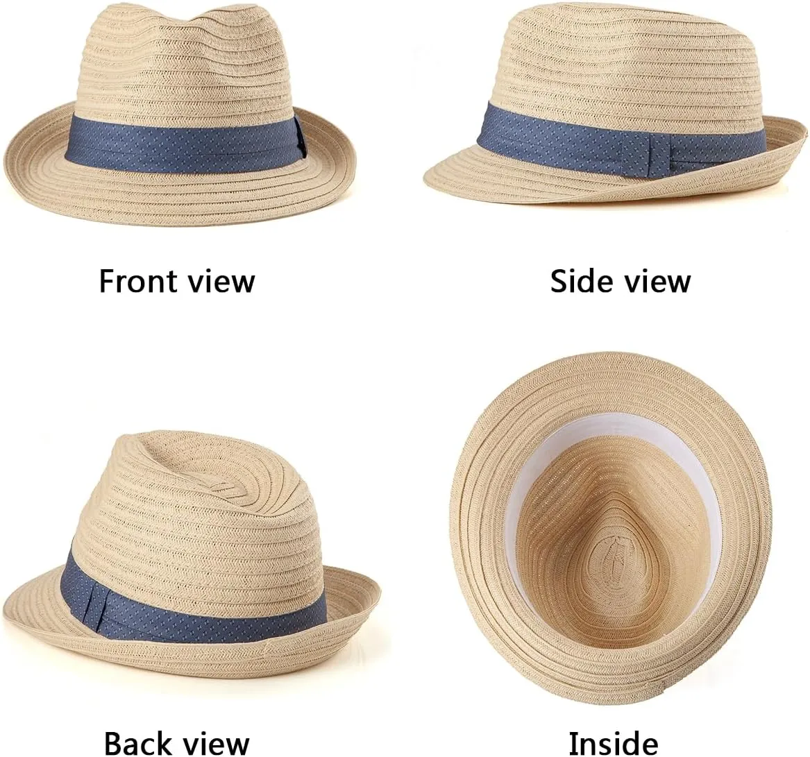 Straw Trilby Hat for Men - Summer Sun Fedoras Travel Beach Panama Short Brim
