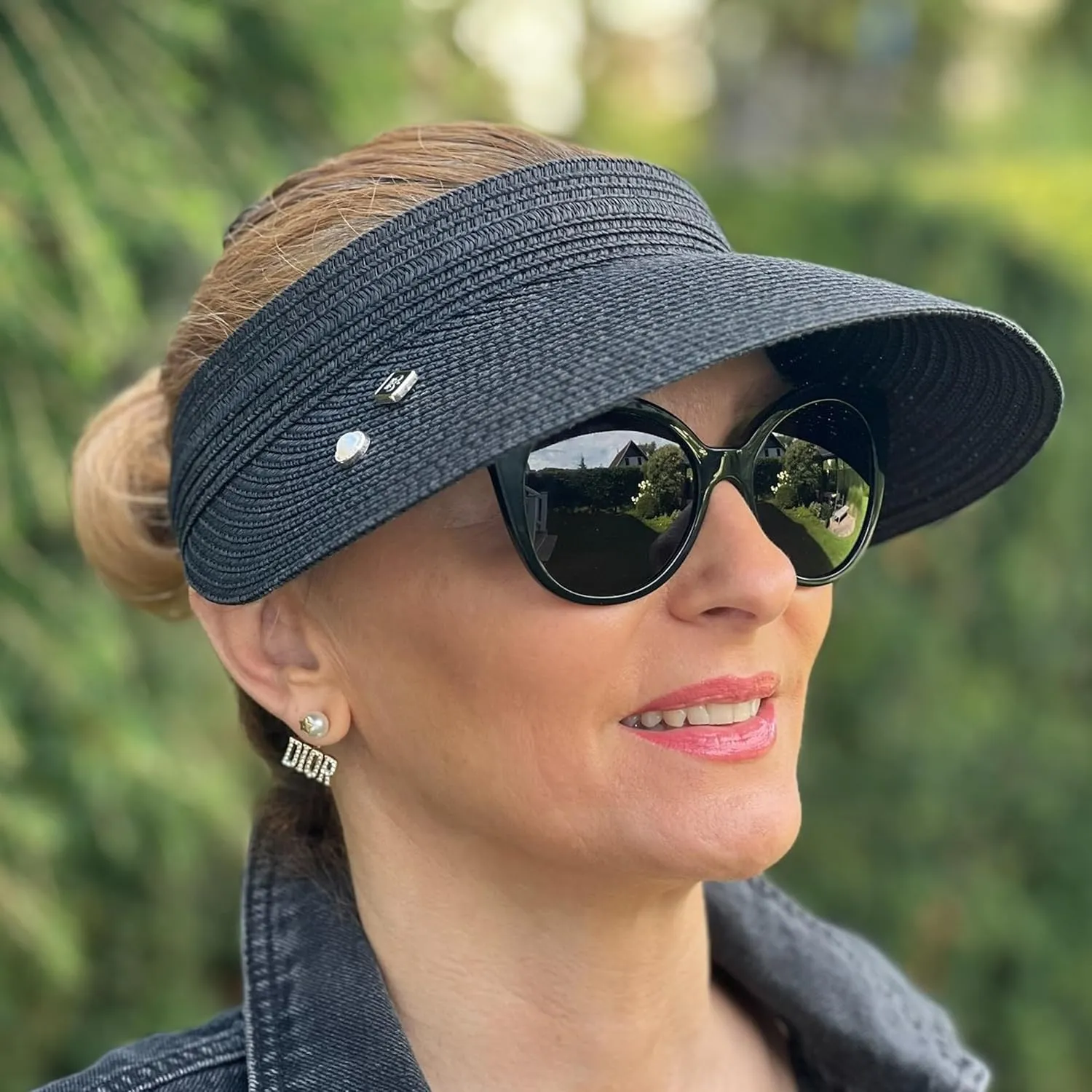 Straw Visor Hat for Women Adjustable Foldable Beach UV Sun Protection Packable Hats, Wide Brim, Allowing A Ponytail or Braid