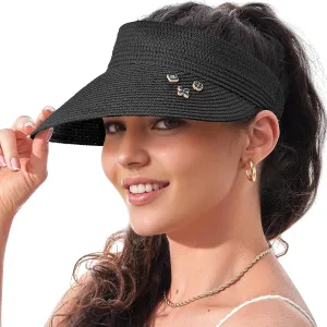 Straw Visor Hat for Women Adjustable Foldable Beach UV Sun Protection Packable Hats, Wide Brim, Allowing A Ponytail or Braid
