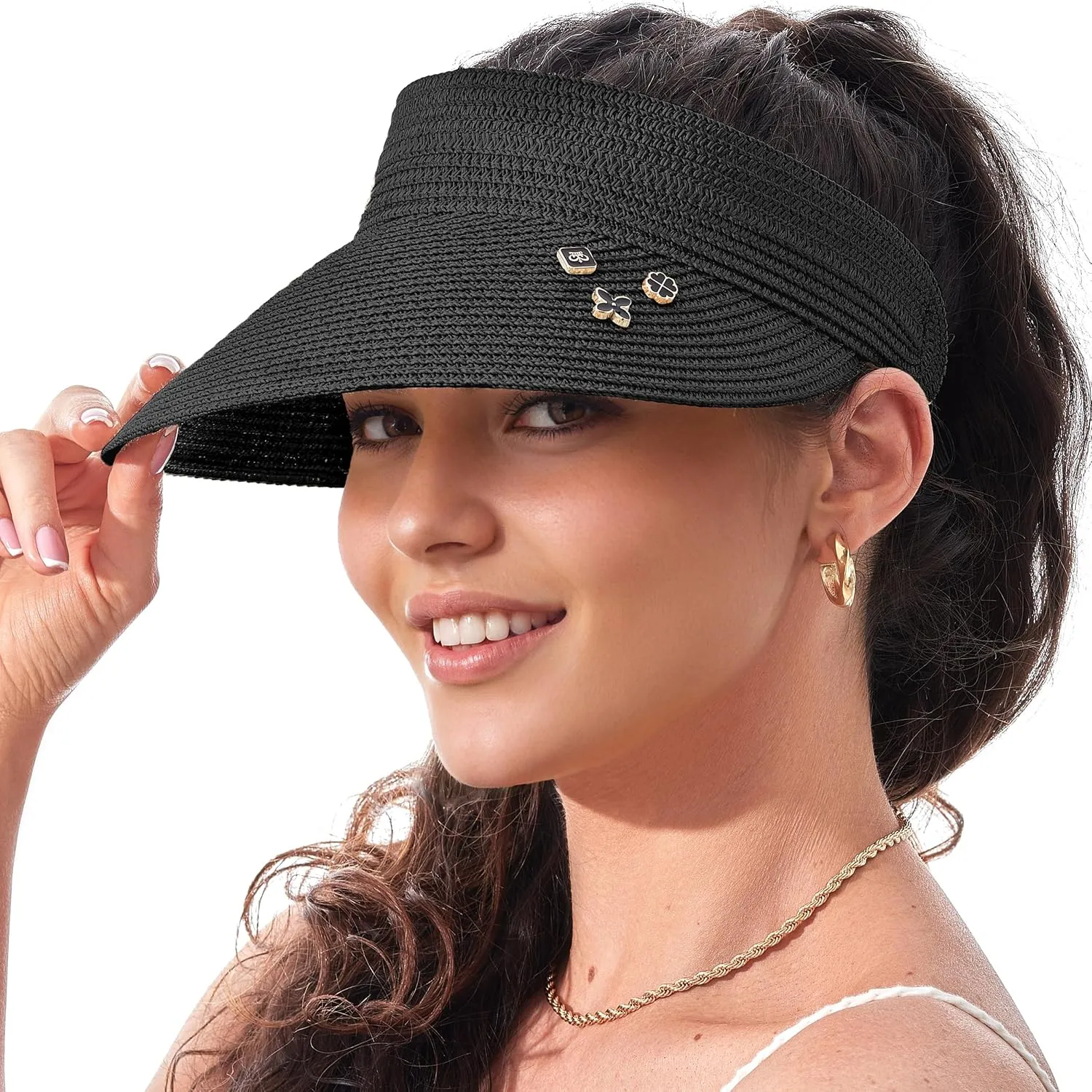 Straw Visor Hat for Women Adjustable Foldable Beach UV Sun Protection Packable Hats, Wide Brim, Allowing A Ponytail or Braid